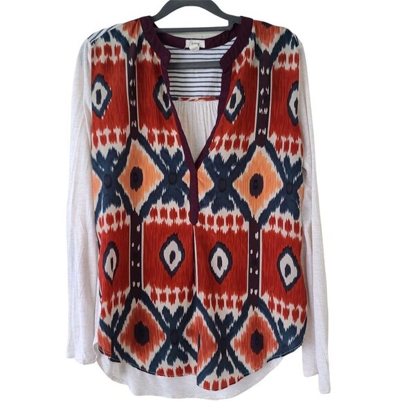 Tiny Anthropologie Sima Aztec Print Long Sleeve Top Mixed Media Tab Sleeves Med - Picture 3 of 12